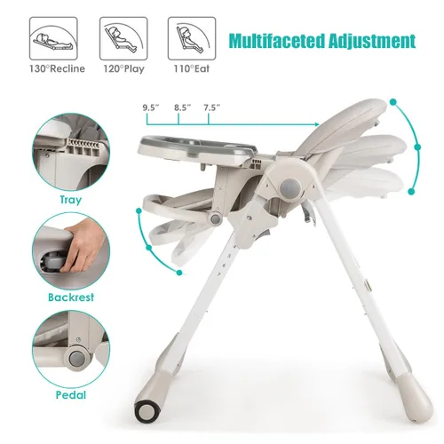 Miniatura 5 de BABY JOY Silla alta convertible para bebés y niños pequeños, altura ajustable, silla alta Grow & Go con reclinación y reposapiés, bandeja doble Gris