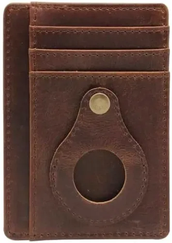 Cartera de cuero y soporte para AirTag Wallet Slim Tarjetero - Cartera minimalista para hombres y mujeres, Marrón, Cartera de cuero real ultra fina