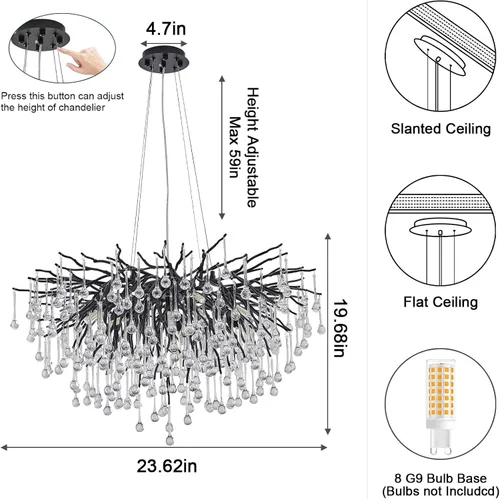 Miniatura 3 de Candelabro de cristal negro de 23.6 pulgadas, moderno colgante de techo de flores, iluminación colgante de rama de árbol, gota de lluvia, lámpara