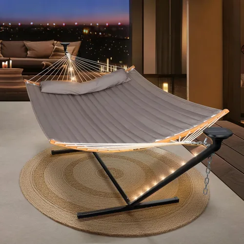 Miniatura 16 de SUNCREAT Hamaca doble para exteriores con soporte de 12 pies, hamacas autoportantes con soporte, beige