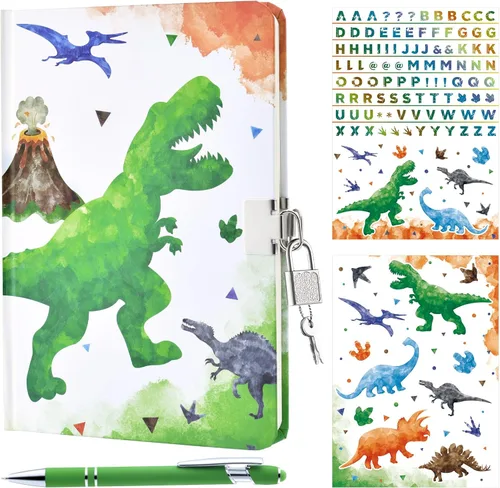 WERNNSAI Diario Luminoso de Dinosaurio para Niños, Diario Secreto con Llaves de Cerradura, Cuaderno con Bolígrafo y Calcomanías, Regalo de