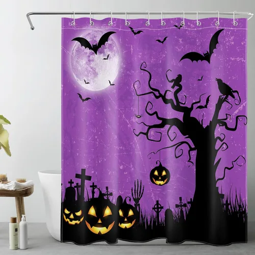 Miniatura 18 de EOBTAIN Cortina de ducha de cielo nocturno azul de Halloween para baño, espeluznante calabaza y murciélago en árbol muerto en cementerio aterrador