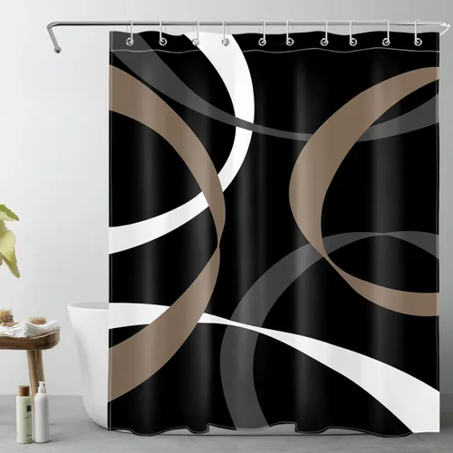 Miniatura 31 de LB Cortina de ducha abstracta rosa para baño, cortina de ducha de tela a rayas grises y blancas sobre fondo negro con ganchos, juego de cortinas