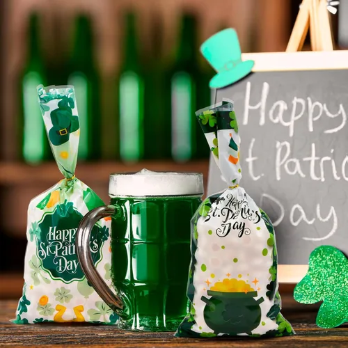 Miniatura 4 de 160 piezas de 4 estilos de bolsas de dulces de celofán del Día de San Patricio con lazos de torsión, diseños de trébol y duende, bolsas de golosinas