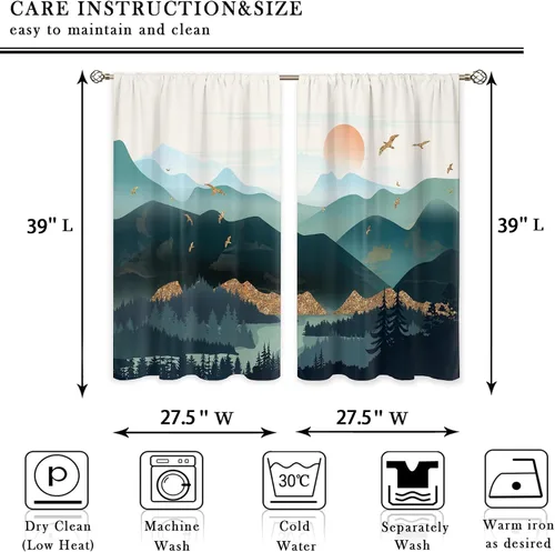 Miniatura 2 de Cortinas de cocina pequeñas de montaña abstracta verde azulado, tratamiento de ventana de montaña, naturaleza, puesta de sol, paisaje, cafetería