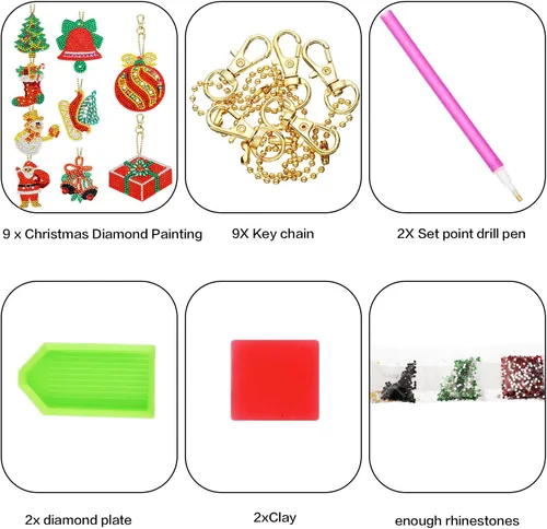 Miniatura 3 de Hicarer 9 piezas de adornos de Navidad de doble cara 5D DIY pintura de diamantes de Navidad kits de llaveros para adultos DIY llavero arte colgante