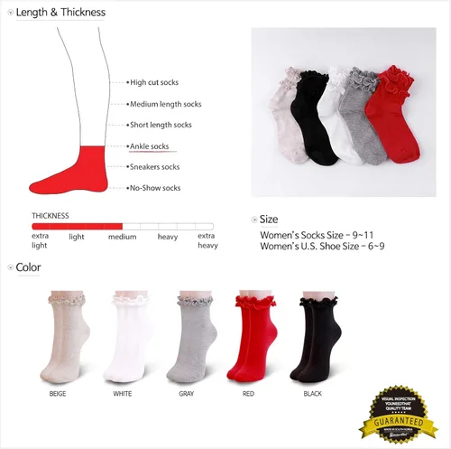 Miniatura 6 de Calcetines de algodón con volantes dobles para mujer con ribete de encaje de lechuga de algodón paquete de 35