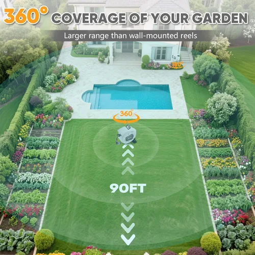 Miniatura 6 de SILVEL Carrete de manguera de jardín retráctil automático en estaca de metal, 1/2 pulgada x 90 pies montado en el suelo al aire libre, resistente a