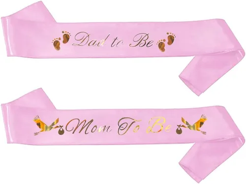 Banda para baby shower con texto en inglés "Dad To Be & Mom To Be", color rosa con letras doradas para papá y mamá para baby shower | Banda para