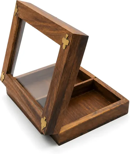 Caja de almacenamiento de cartas de madera hecha a mano para 2 cubiertas, estuche de madera Sheesham con pantalla superior transparente y pestillo