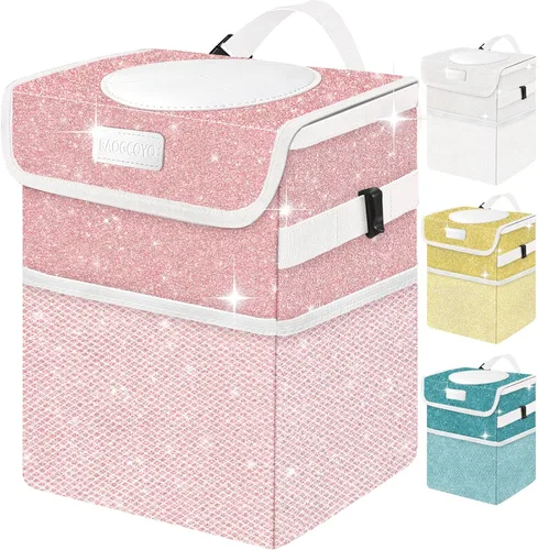 Miniatura 13 de Bonita mini bolsa de basura para automóvil con tapa, cubo de basura con purpurina para colgar para asiento trasero, asiento delantero/consola