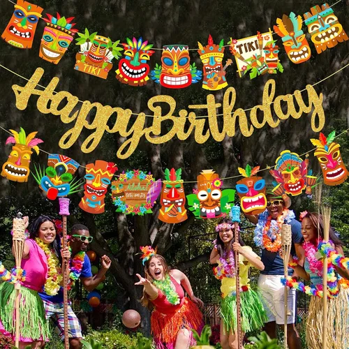 Miniatura 7 de Hawai Luau - Pancarta hawaiana de Tiki para fiesta de cumpleaños, 3 unidades, decoración de fiesta de Aloha para colgar, guirnaldas de Tiki