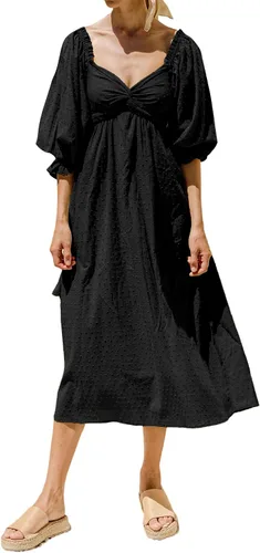 R.Vivimos Vestido de verano bohemio de algodón con mangas abombadas y lunares suizos con cordones fruncidos, casual, acampanado, vestido por debajo
