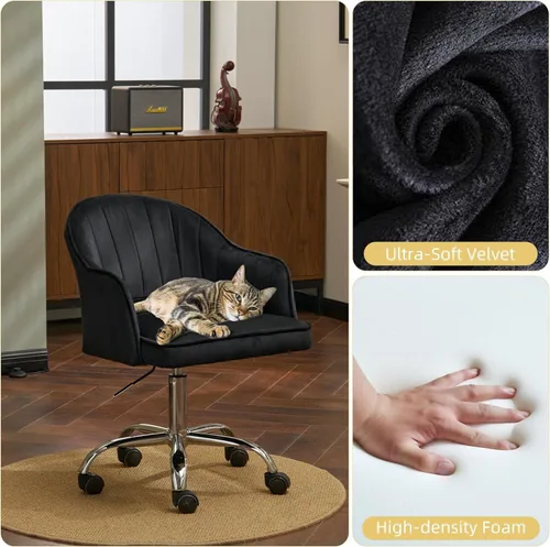 Miniatura 6 de MOJAY Silla de tocador moderna con ruedas, silla de oficina en casa de terciopelo recortado de respaldo medio, asiento suave giratorio de altura