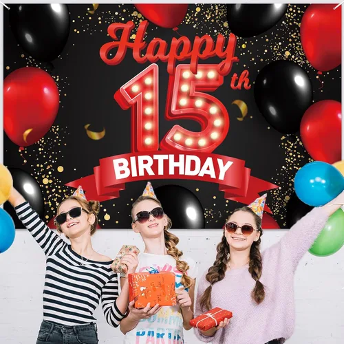 Miniatura 5 de Cartel de feliz cumpleaños 15 color rojo y negro, decoración temática de globos para niñas y mujeres, princesas de 15 años, fiesta de cumpleaños