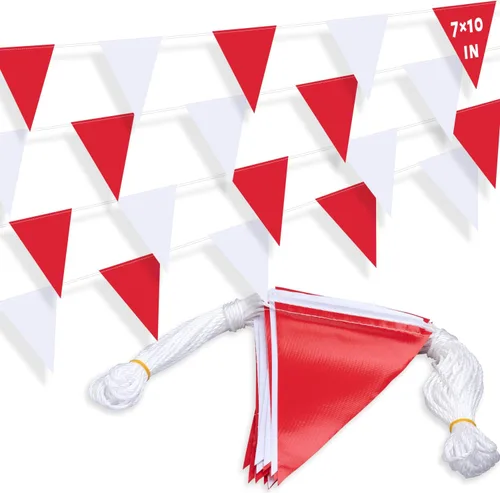 Miniatura 9 de Banderines de bandera de 105 pies, 7 x 10 pulgadas, rojo y amarillo, 45 piezas de alta visibilidad de seguridad en cuerda, bandera triangular
