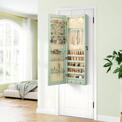 Miniatura 62 de Giantex Armario de joyería para puerta de pared con espejo de longitud completa, 2 LED con cerradura grande organizador de joyas con espejo ancho