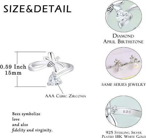 Miniatura 5 de FJ Anillo abierto de plata de ley para mujer, con piedra natal (anillo ajustable)