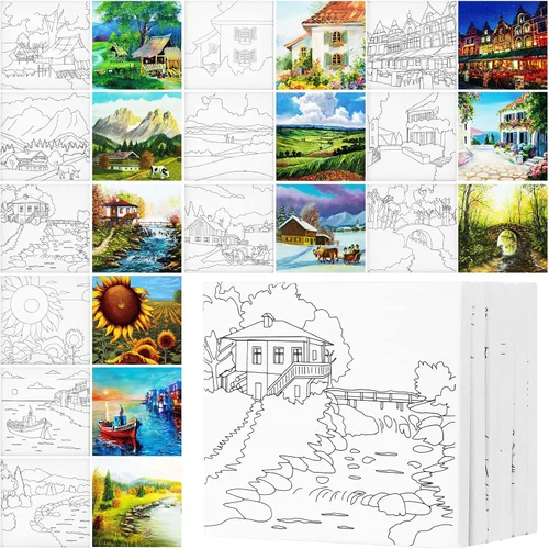 Miniatura 7 de Teling Kit de 12 lienzos estirados predibujados para adultos, pintura preimpresa, contorno de lienzo para bricolaje, recuerdos de fiesta, 6 x 6 x
