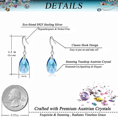 Miniatura 35 de Aretes colgantes de cristal austriaco con forma de lágrima para mujer, joyería hipoalergénica de plata de ley 925