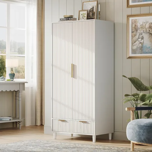 Miniatura 18 de VINGLI Armario Ropero Acanalado con Puertas y Cajones, Gabinete Armario con Barra para Colgar, Armario de Dormitorio de Madera de Roble, Armario