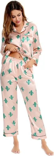 Miniatura 3 de SWOMOG - Conjunto de pijama de dos piezas, de satén de seda con botones, para mujer