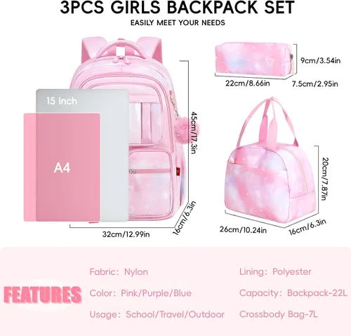 Miniatura 5 de Tanou Mochila con lonchera para niñas, Rosado, Juego de mochila escolar para niña