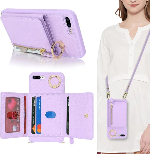 Funda para iPhone 8 Plus con Portarjetas, Funda de Teléfono para iPhone 8 Plus con Correa Bandolera Cordón Anillo de Soporte, Funda Cartera iPhone 7