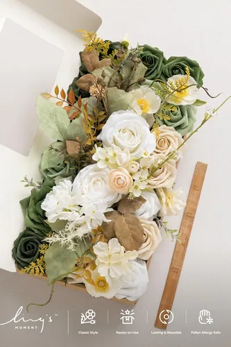 Miniatura 6 de Ling's moment Flores Artificiales Verdes, Juego de Caja de Lujo Combo de Flores Verde Esmeralda y Beige con Follaje para Ramo de Novia DIY de Boda