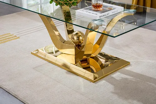 Miniatura 161 de Mesa de centro de cristal de lujo, mesa de centro de sofá de 47 pulgadas con marco de acero inoxidable dorado y parte superior de vidrio negro, mesa