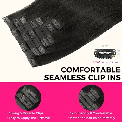 Miniatura 7 de Lashey - Extensiones de cabello con clip sin costuras, de cabello humano real, 7 unidades, 110 g, 14 pulgadas, color negro natural, lacio