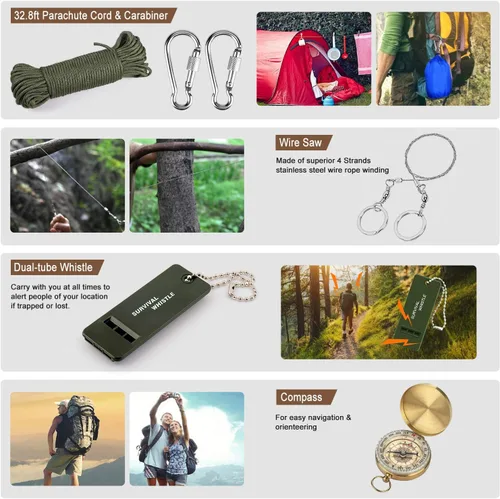 Miniatura 7 de Kit de supervivencia de emergencia de 238 piezas y kit de primeros auxilios, herramienta de equipo de supervivencia profesional con bolsa táctica
