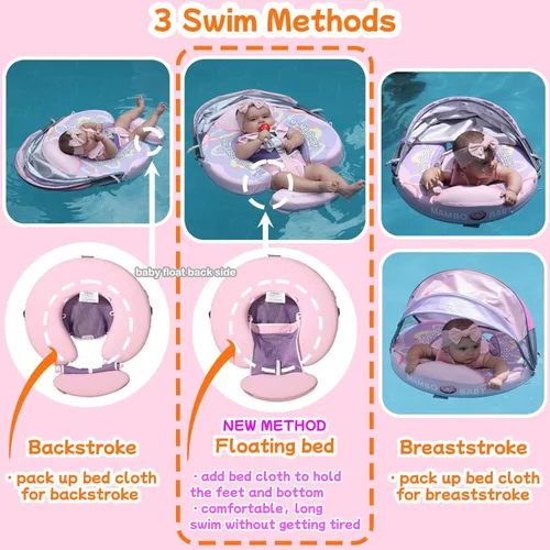Miniatura 3 de Mambobaby Flotador con Toldo y Cola Nuevo Mejorado Flotador de Piscina No Inflable para Bebé Flotador de Natación Mambo Entrenador de Natación Rosa