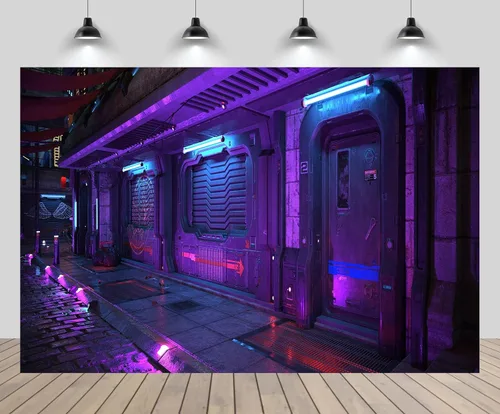 Telón de fondo de ciudad Cyberpunk de 5 x 3 pies, estilo futurista, estilo grunge, urbano, neón, puerta de calle, paisaje urbano, fondo de