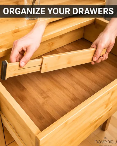 Miniatura 7 de 4 separadores de bambú para cajones de cocina, grandes de 14 a 19 pulgadas, con resorte, funciona en cocina, organizadores de cajones ajustables