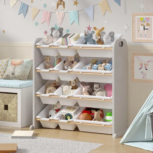 Miniatura 10 de VECELO Estantería para niños con 12 contenedores, estante de madera para juguetes para niños pequeños, almacenamiento de gran capacidad para libros