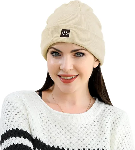 Miniatura 5 de MaxNova Gorro para mujer y hombre, diseño de cara sonriente, gorro de invierno, 2 paquetes