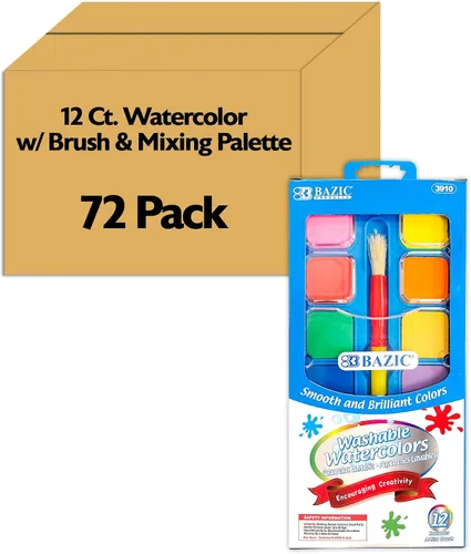 Miniatura 10 de BAZIC - Acuarela con paleta de pincel y mezcla, juego de pintura no tóxica de 12 colores, para suministros de arte divertidos para pasatiempos