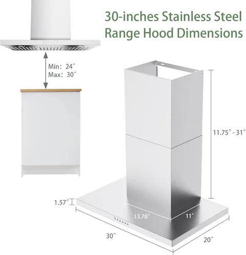 Miniatura 4 de ONEEON Campana Extractora de 30 Pulgadas - 900 CFM de Acero Inoxidable de Montaje en Pared para Cocina con Ventilador de 4 Velocidades, Luces LED