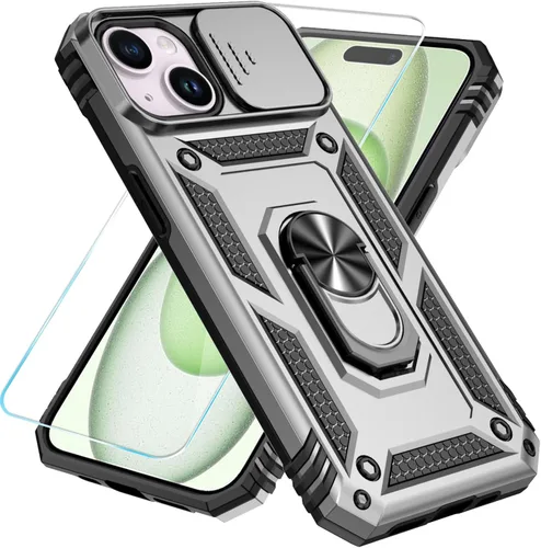 Miniatura 15 de SunStory Funda compatible con iPhone 15 con protector de pantalla HD, cubierta de cámara deslizante y soporte de anillo giratorio, [grado militar]