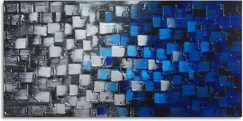 Miniatura 20 de MyArton Arte de pared de lienzo texturizado, cuadrados abstractos, pintado a mano, pintura al óleo moderna de color azul oscuro, imagen