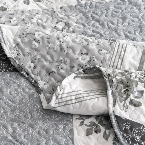 Miniatura 6 de Cmfshape Colcha floral de verano, juego de edredón romántico gris matrimonial, juego de ropa de cama reversible con costuras para todas