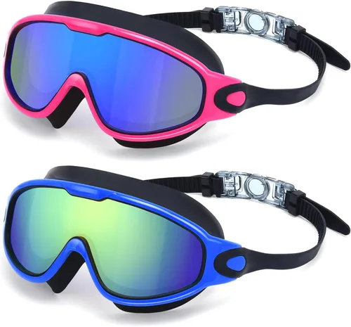 Freela 2 Pack Swim Goggles for Adult Men Women,180°Wide Vision Anti-fog UV Protection No Leak Clear Swimming Goggles azul y verde