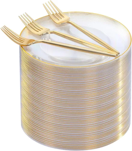 Rubtlamp 200 piezas de platos de postre dorados transparentes con tenedores de plástico dorados, 100 piezas de platos de 7.5 pulgadas para Claro
