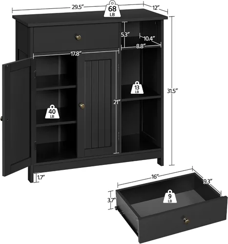 Miniatura 3 de Yaheetech Armario de almacenamiento para baño, armario de piso de baño con 2 puertas y 1 cajón, unidades de almacenamiento con 3 compartimentos