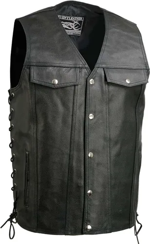 Miniatura 10 de EVENT LEATHER EL1310GO Hombres Clásico Estilo Occidental Botón de Presión Negro Chaleco de Cuero para Motociclistas
