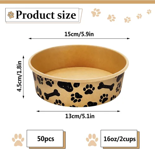 Miniatura 2 de Whaline 50 cuencos desechables para mascotas de 16 onzas, papel kraft para perros y gatos, pequeños cuencos de comida con diseño de huella de pata