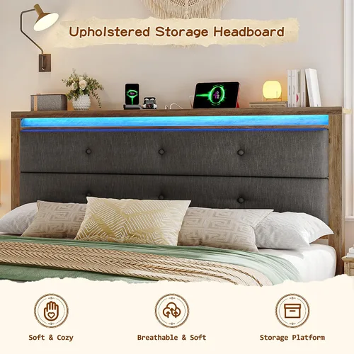 Miniatura 3 de EnHomee Base de cama de tamaño matrimonial con carga USB y tipo C y luces LED, cabecera de almacenamiento tapizada, cama de plataforma de madera