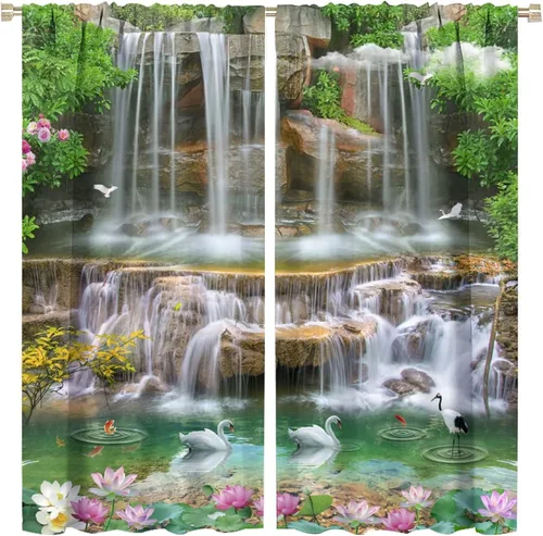 Miniatura 21 de Cortina opaca de bosque de verano, diseño de ramas de bosque, con bolsillo para barra, cortinas farbic con bolsillo para barra, comedor, cafetería