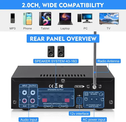 Miniatura 3 de AEXCVG Amplificador de audio estéreo para el hogar BT-298A+ HiFi Bluetooth receptor estéreo 40Wx2 Mini amplificador de cine en casa con entrada MIC